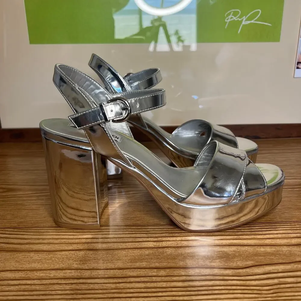 Steve Madden Silver Chunky Platform Heeled Sandals Womens 10 Emberly - Picture 3 of 12